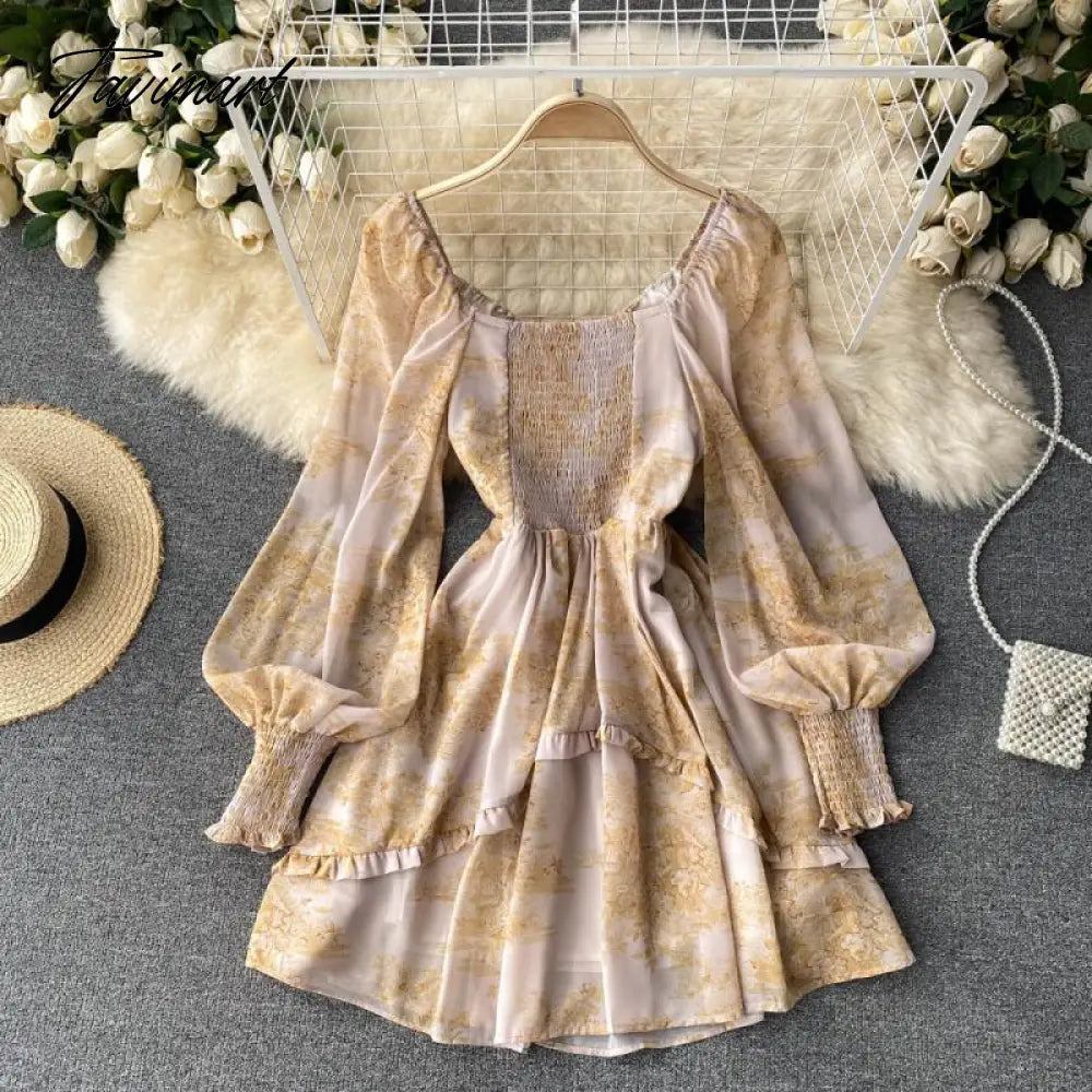 French Style dress high-end temperament square collar lace-up niche Puff sleeve dress For Women