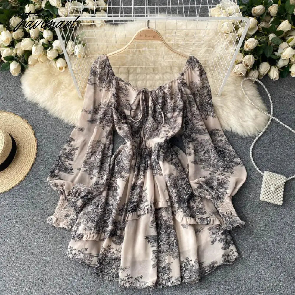 French Style dress high-end temperament square collar lace-up niche Puff sleeve dress For Women