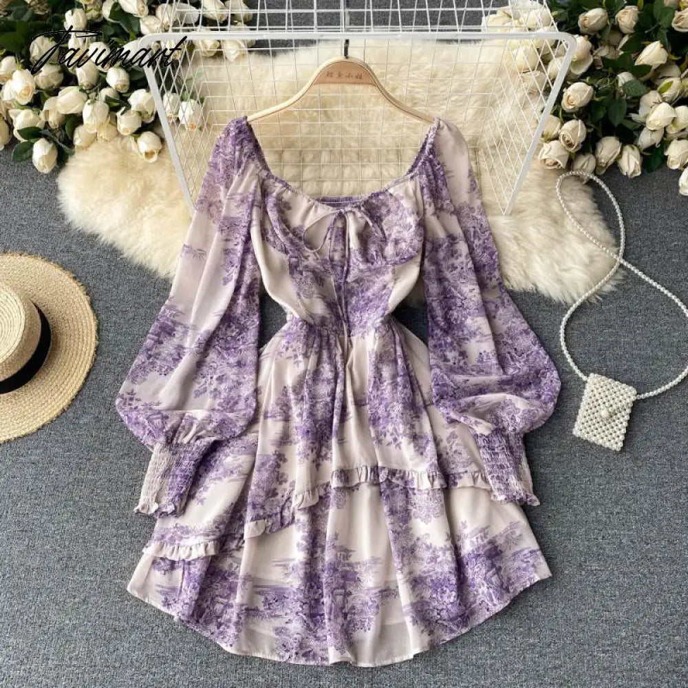 French Style dress high-end temperament square collar lace-up niche Puff sleeve dress For Women