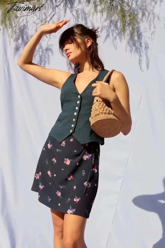 French Style Fashion Indie Folk Floral Print Skirts Elegant Belt A-line Skirts Women