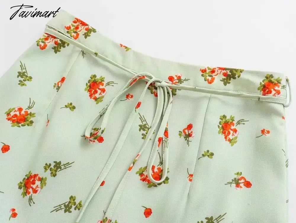 French Style Fashion Indie Folk Floral Print Skirts Elegant Belt A-line Skirts Women