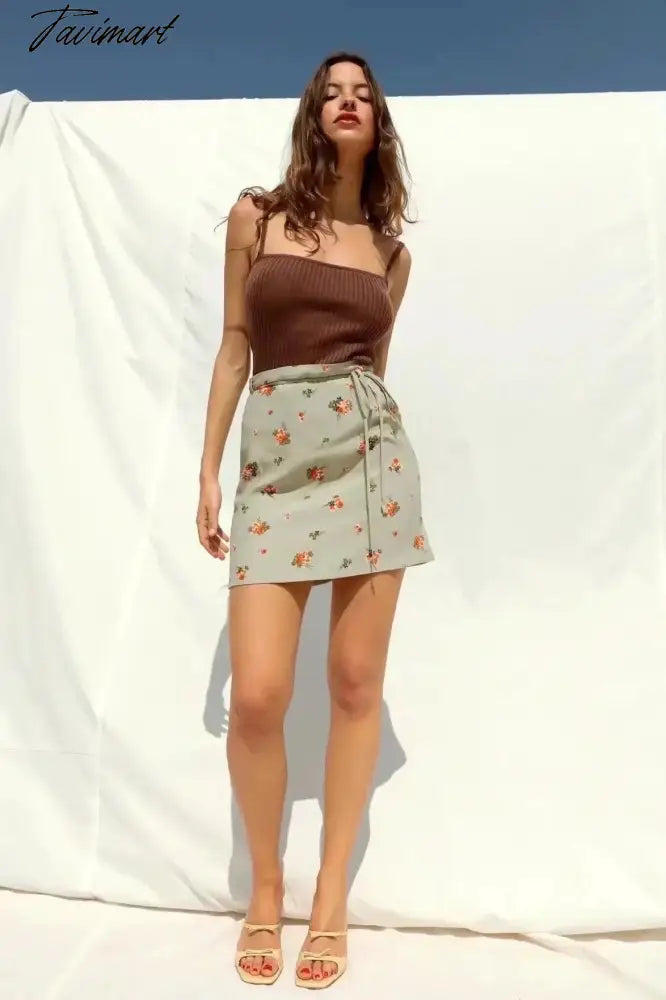 French Style Fashion Indie Folk Floral Print Skirts Elegant Belt A-line Skirts Women