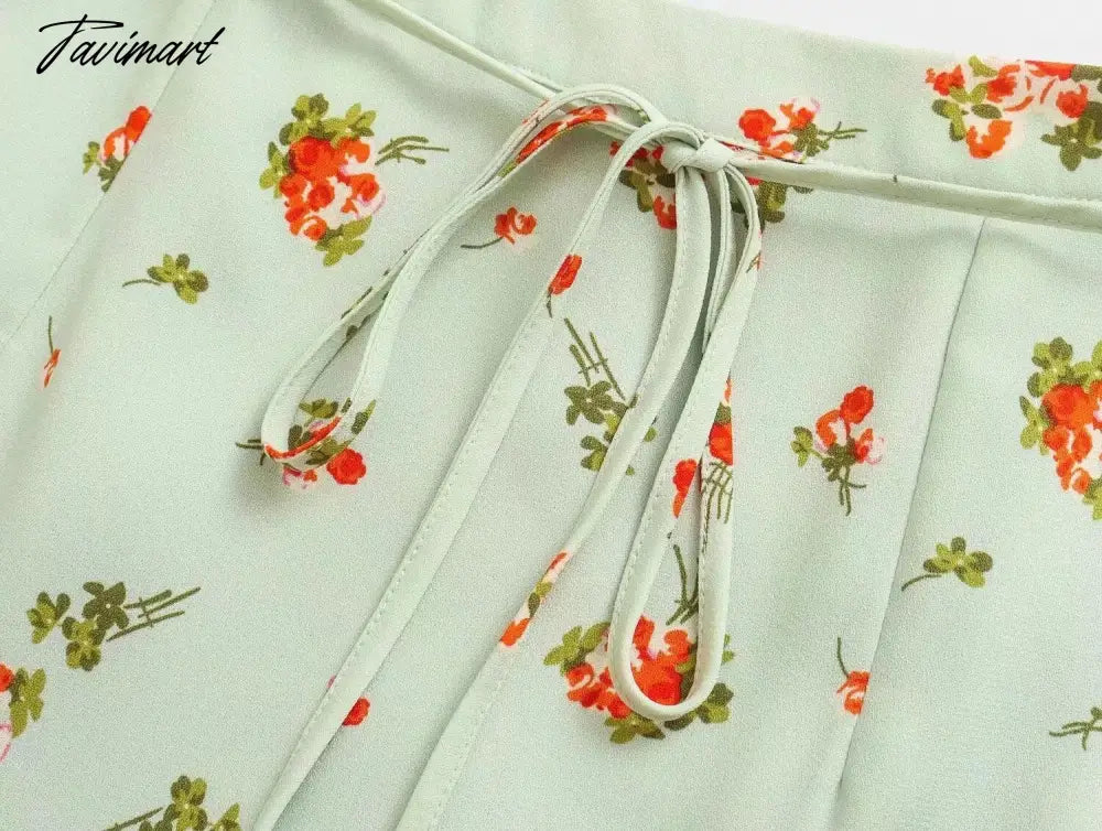 French Style Fashion Indie Folk Floral Print Skirts Elegant Belt A-line Skirts Women