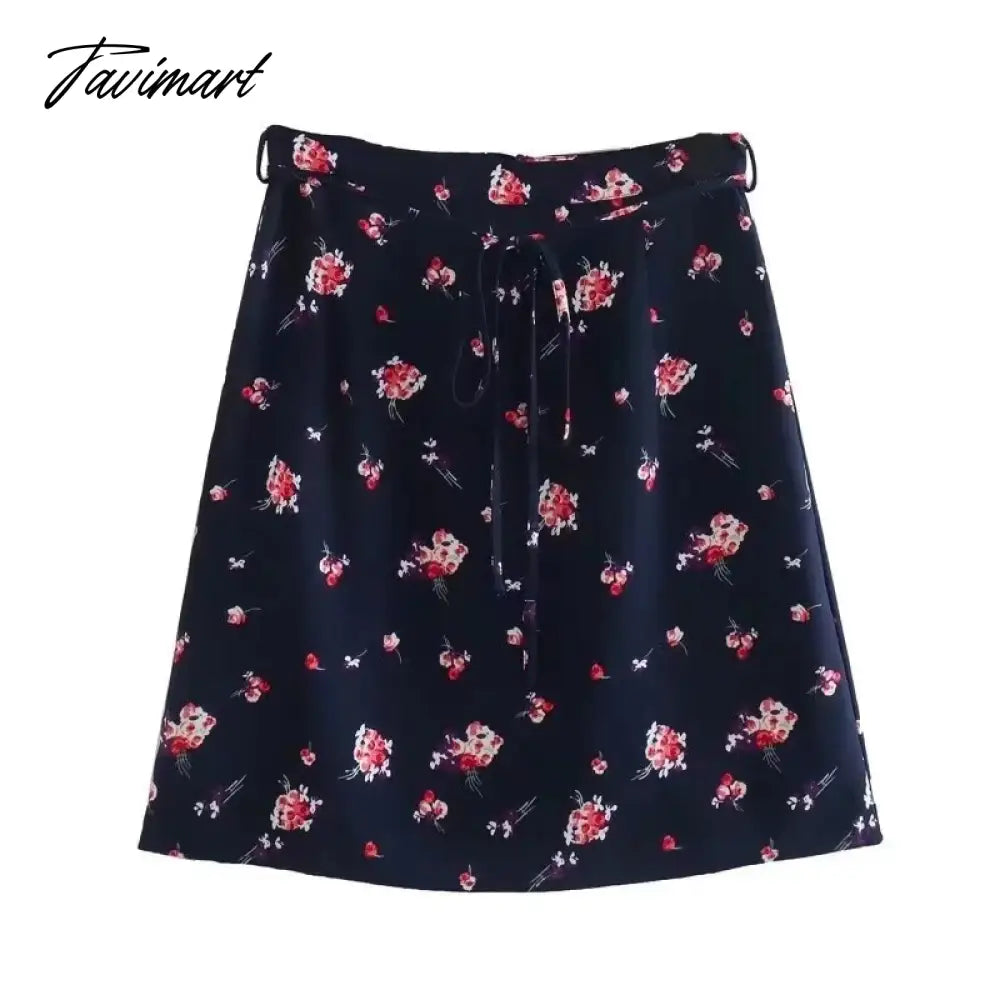 French Style Fashion Indie Folk Floral Print Skirts Elegant Belt A-line Skirts Women