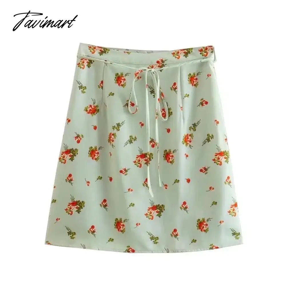 French Style Fashion Indie Folk Floral Print Skirts Elegant Belt A-line Skirts Women