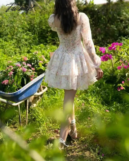 French Style Ins Fashion Dress Bogger Floral Print Chiffon Square Collar Party Dress Cascading Mini Dress Women