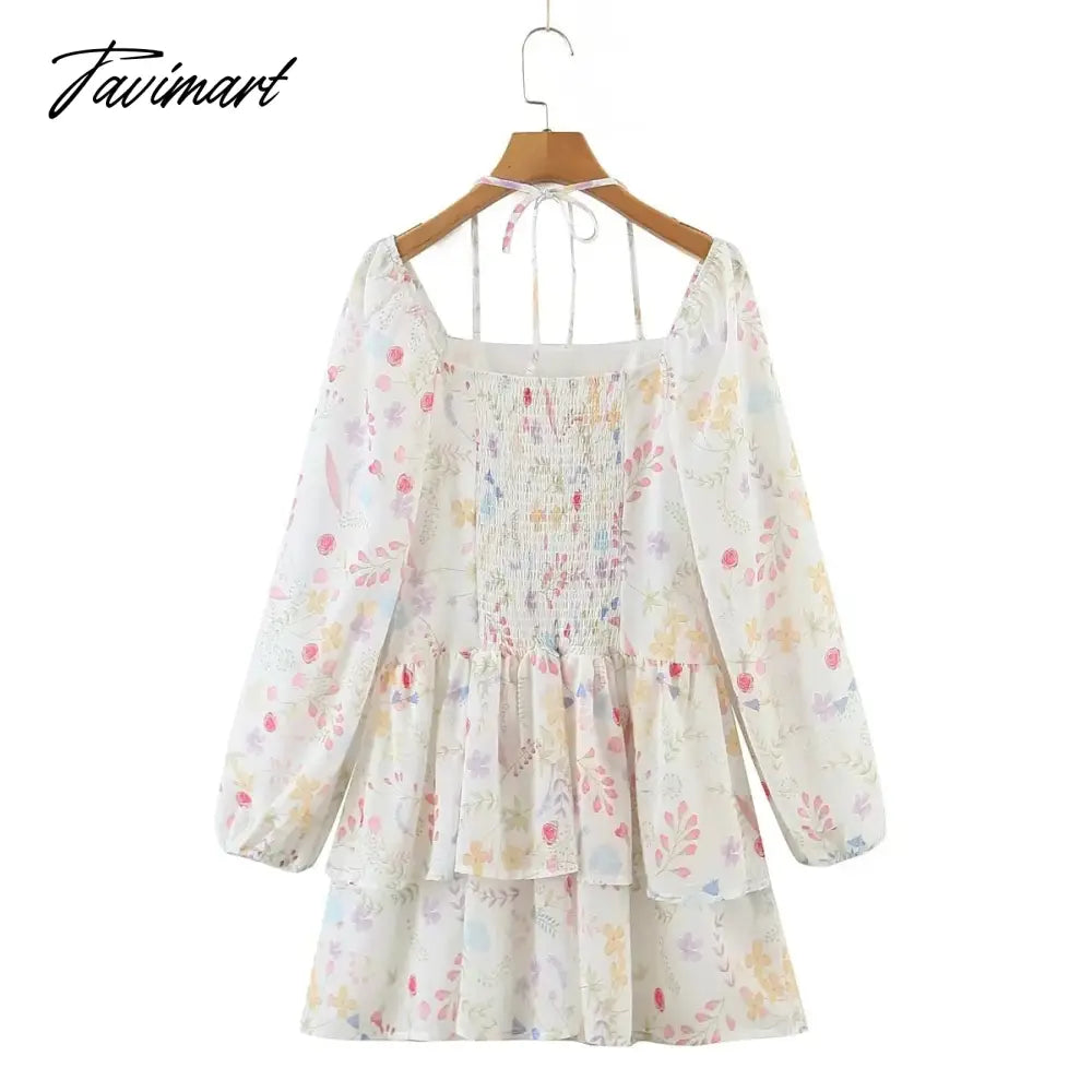 French Style Ins Fashion Dress Bogger Floral Print Chiffon Square Collar Party Dress Cascading Mini Dress Women