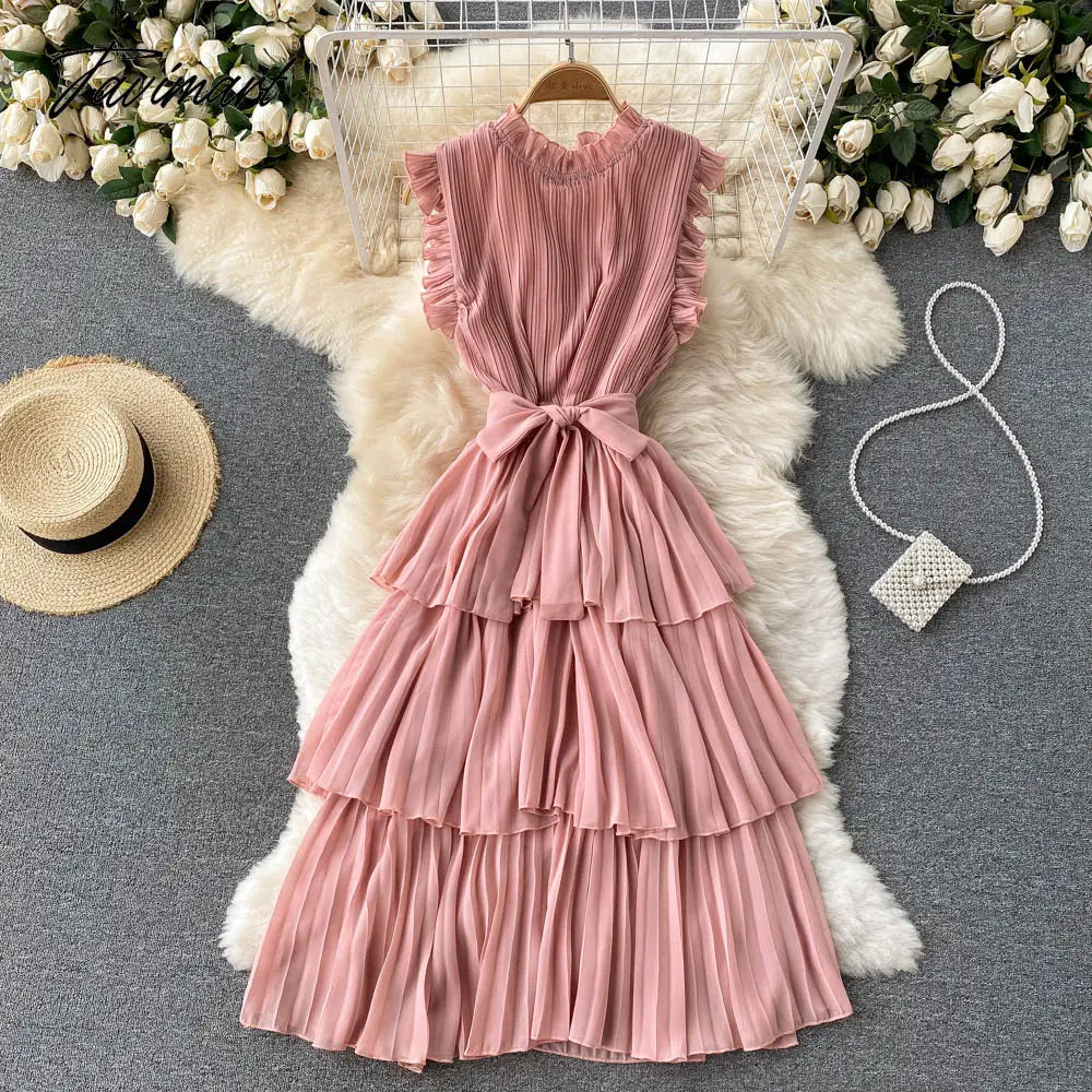 French Style Sweet Pleated Wood Ear Edge Collar Lace-Up Slim-Fit Peplum Edge Chiffon Cake Dress
