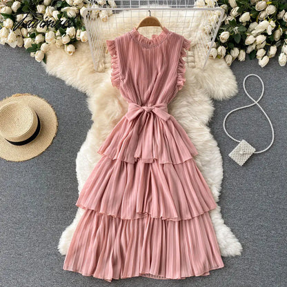 French Style Sweet Pleated Wood Ear Edge Collar Lace-Up Slim-Fit Peplum Edge Chiffon Cake Dress