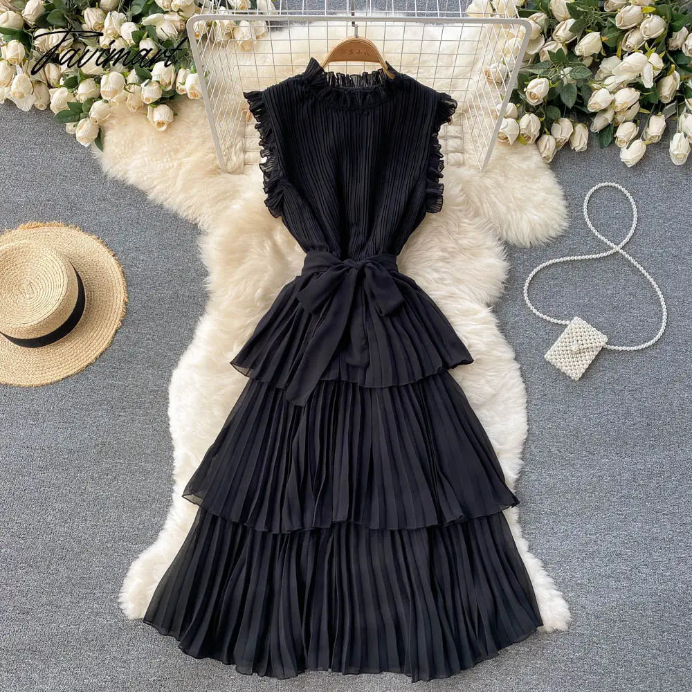 French Style Sweet Pleated Wood Ear Edge Collar Lace-Up Slim-Fit Peplum Edge Chiffon Cake Dress
