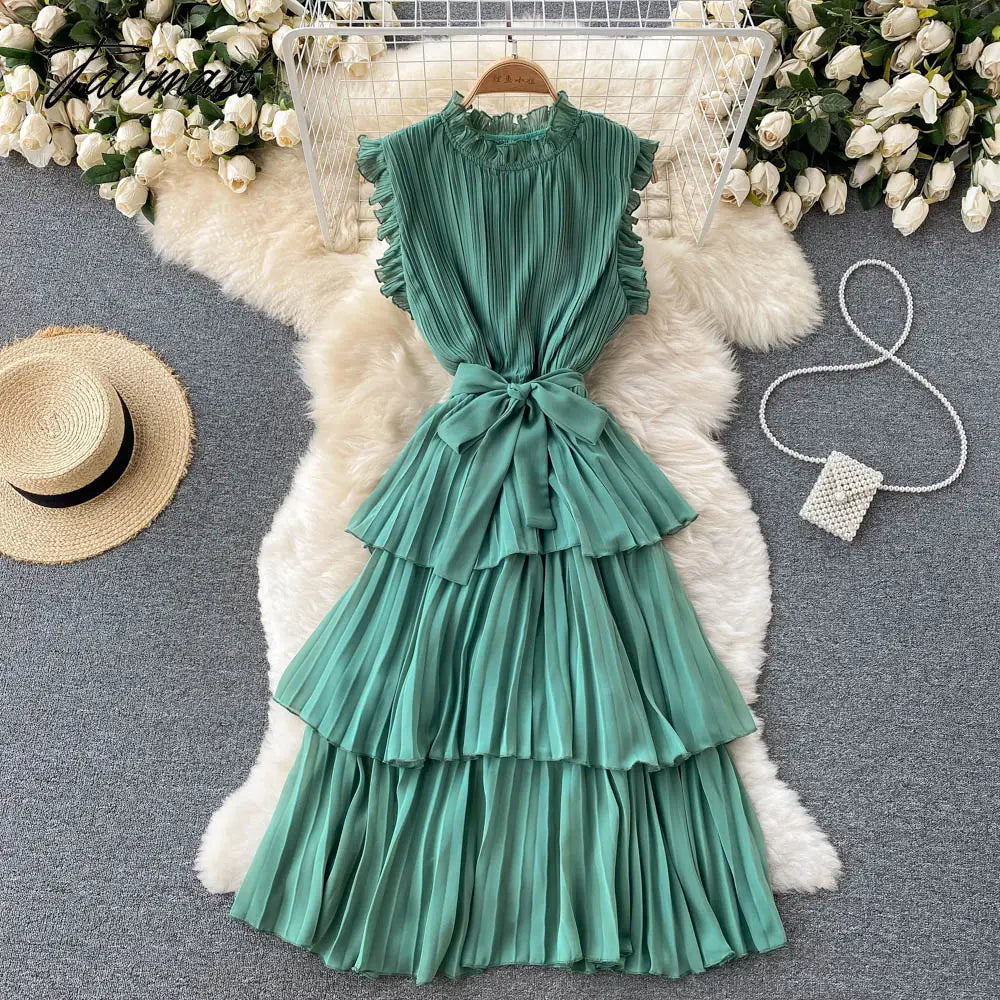 French Style Sweet Pleated Wood Ear Edge Collar Lace-Up Slim-Fit Peplum Edge Chiffon Cake Dress