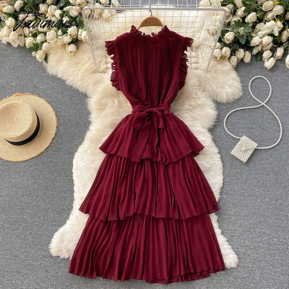 French Style Sweet Pleated Wood Ear Edge Collar Lace-Up Slim-Fit Peplum Edge Chiffon Cake Dress