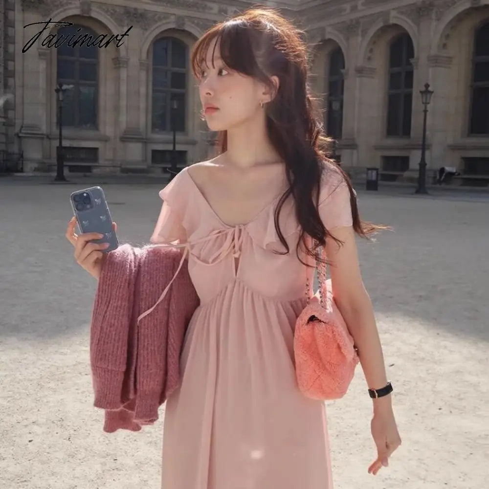 French Sweet Robe V-neck Splicing Ruffled Edge Lace-up Dress Bow Closed Waist Short-sleeved Dresses for Women Vestidos