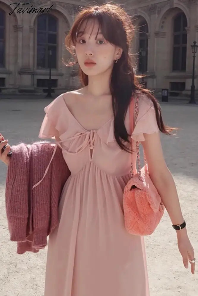 French Sweet Robe V-neck Splicing Ruffled Edge Lace-up Dress Bow Closed Waist Short-sleeved Dresses for Women Vestidos
