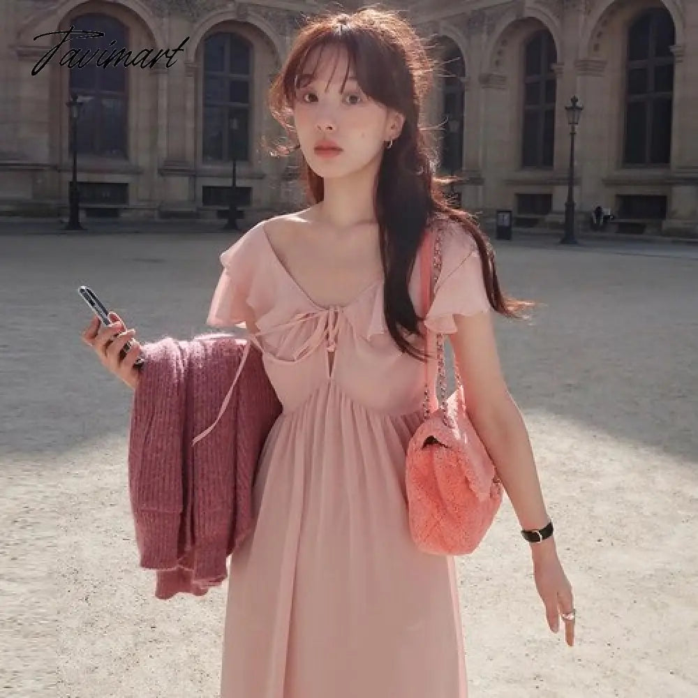 French Sweet Robe V-neck Splicing Ruffled Edge Lace-up Dress Bow Closed Waist Short-sleeved Dresses for Women Vestidos