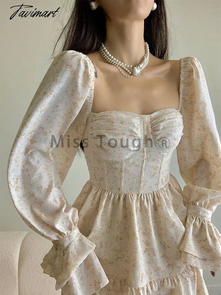 French Vintage Print Floral Dress Women Sweet Elegant Evening Party Midi Dresses Female Puff Sleeve Retro Sexy Dress Autumn