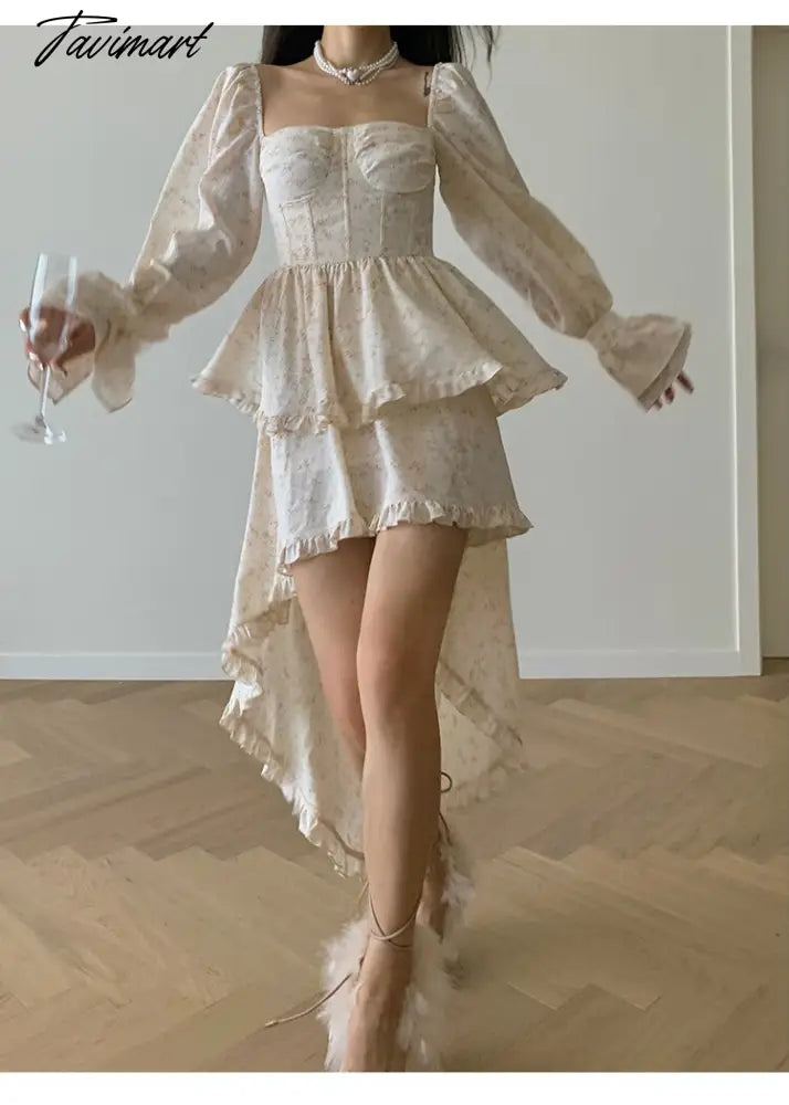 French Vintage Print Floral Dress Women Sweet Elegant Evening Party Midi Dresses Female Puff Sleeve Retro Sexy Dress Autumn