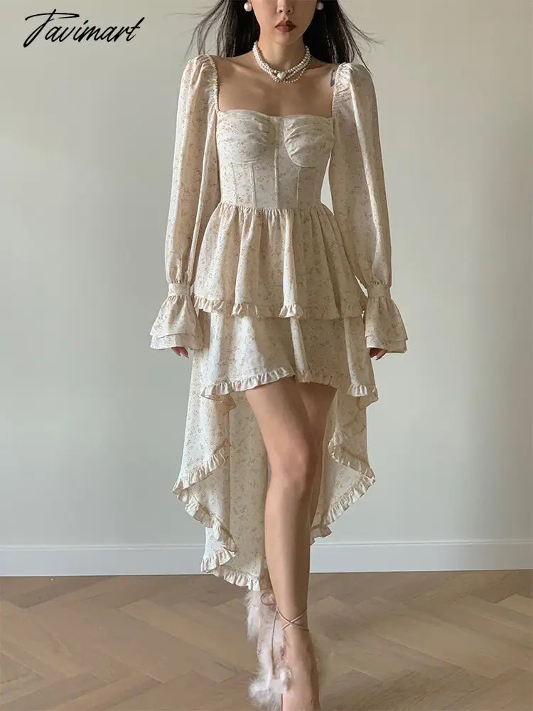 French Vintage Print Floral Dress Women Sweet Elegant Evening Party Midi Dresses Female Puff Sleeve Retro Sexy Dress Autumn