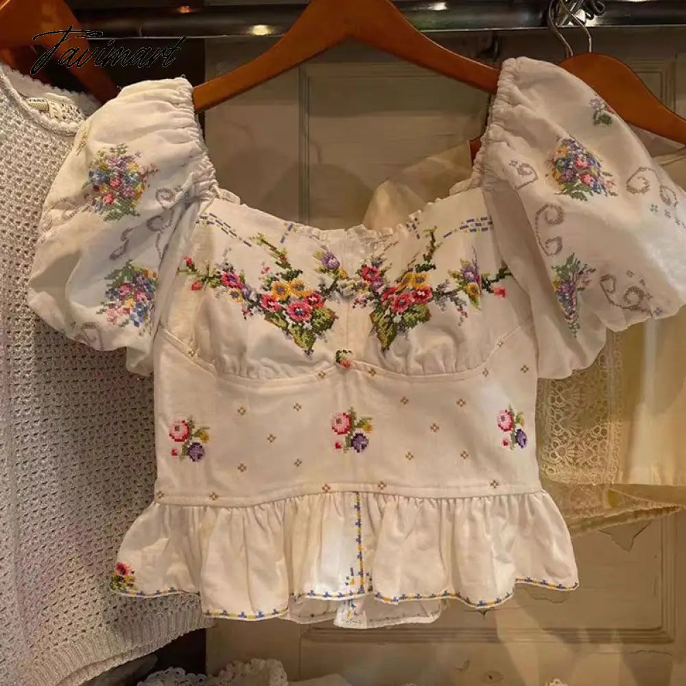 French Vintage Printing Shirts Puff Sleeve Chic Square Collar Crop Tops Women Blouses Korean Fashion Camisas Y Blusas