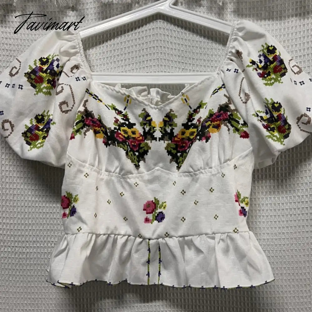 French Vintage Printing Shirts Puff Sleeve Chic Square Collar Crop Tops Women Blouses Korean Fashion Camisas Y Blusas