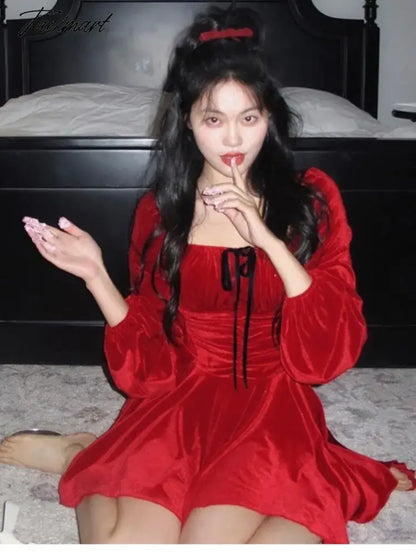 French Vintage Red Velvet Mini Dress Women Lantern Sleeves Square Collar Autumn Spring Y2K Christmas Evening Party Vestidos New