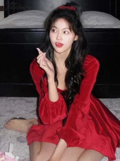French Vintage Red Velvet Mini Dress Women Lantern Sleeves Square Collar Autumn Spring Y2K Christmas Evening Party Vestidos New