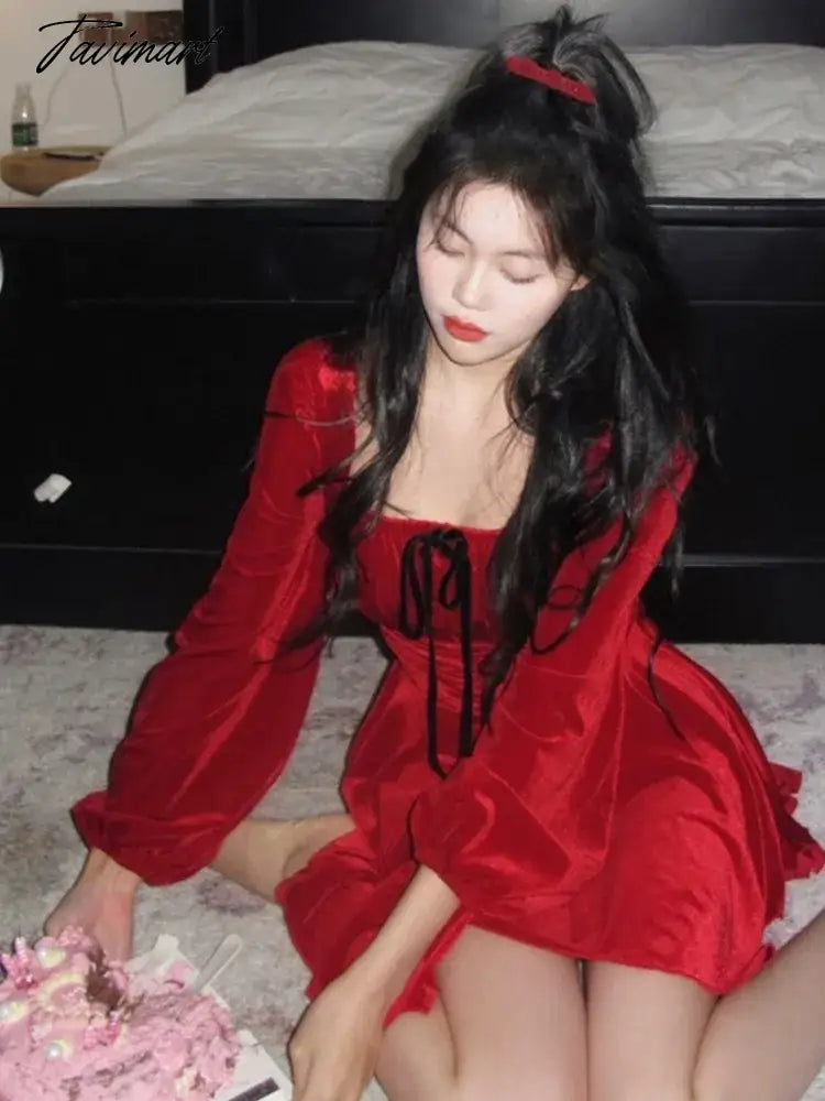 French Vintage Red Velvet Mini Dress Women Lantern Sleeves Square Collar Autumn Spring Y2K Christmas Evening Party Vestidos New