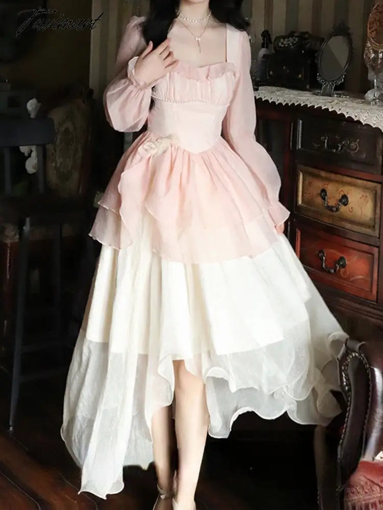 French Vintage Sweet Fairy Dress Women Bow Elegant Evening Party Midi Dresses Female Long Sleeve Korean Style Dress Summer