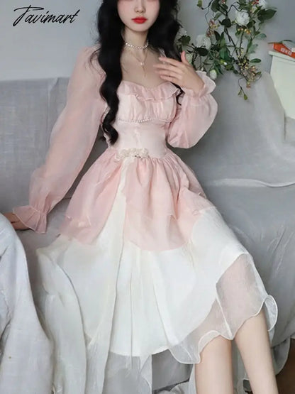 French Vintage Sweet Fairy Dress Women Bow Elegant Evening Party Midi Dresses Female Long Sleeve Korean Style Dress Summer