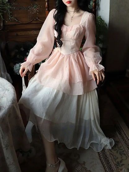 French Vintage Sweet Fairy Dress Women Bow Elegant Evening Party Midi Dresses Female Long Sleeve Korean Style Dress Summer