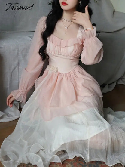 French Vintage Sweet Fairy Dress Women Bow Elegant Evening Party Midi Dresses Female Long Sleeve Korean Style Dress Summer
