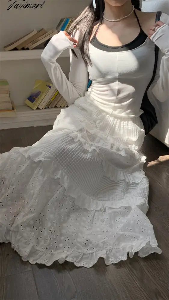 Gentle Style New Hook Flower Half Skirt Women Spring High Waist White A-line Skirts Y2k Clothes Korean Fashion Faldas