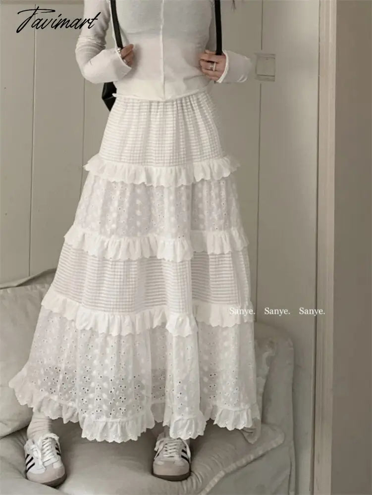Gentle Style New Hook Flower Half Skirt Women Spring High Waist White A-line Skirts Y2k Clothes Korean Fashion Faldas