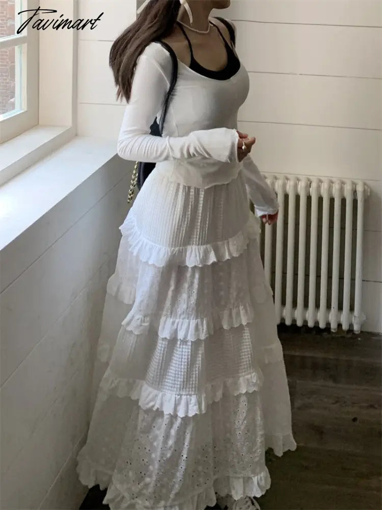 Gentle Style New Hook Flower Half Skirt Women Spring High Waist White A-line Skirts Y2k Clothes Korean Fashion Faldas