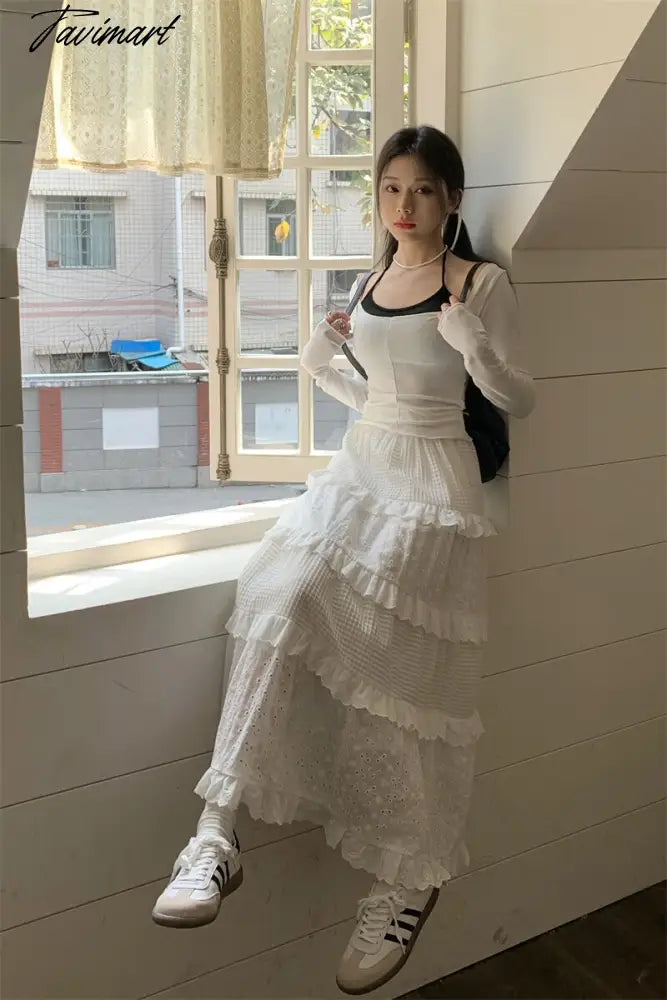 Gentle Style New Hook Flower Half Skirt Women Spring High Waist White A-line Skirts Y2k Clothes Korean Fashion Faldas