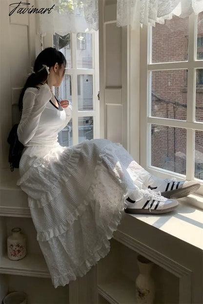 Gentle Style New Hook Flower Half Skirt Women Spring High Waist White A-line Skirts Y2k Clothes Korean Fashion Faldas