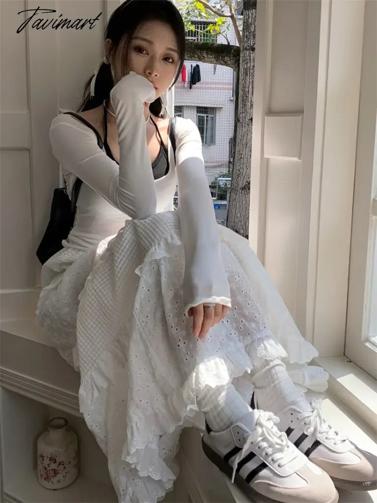 Gentle Style New Hook Flower Half Skirt Women Spring High Waist White A-line Skirts Y2k Clothes Korean Fashion Faldas
