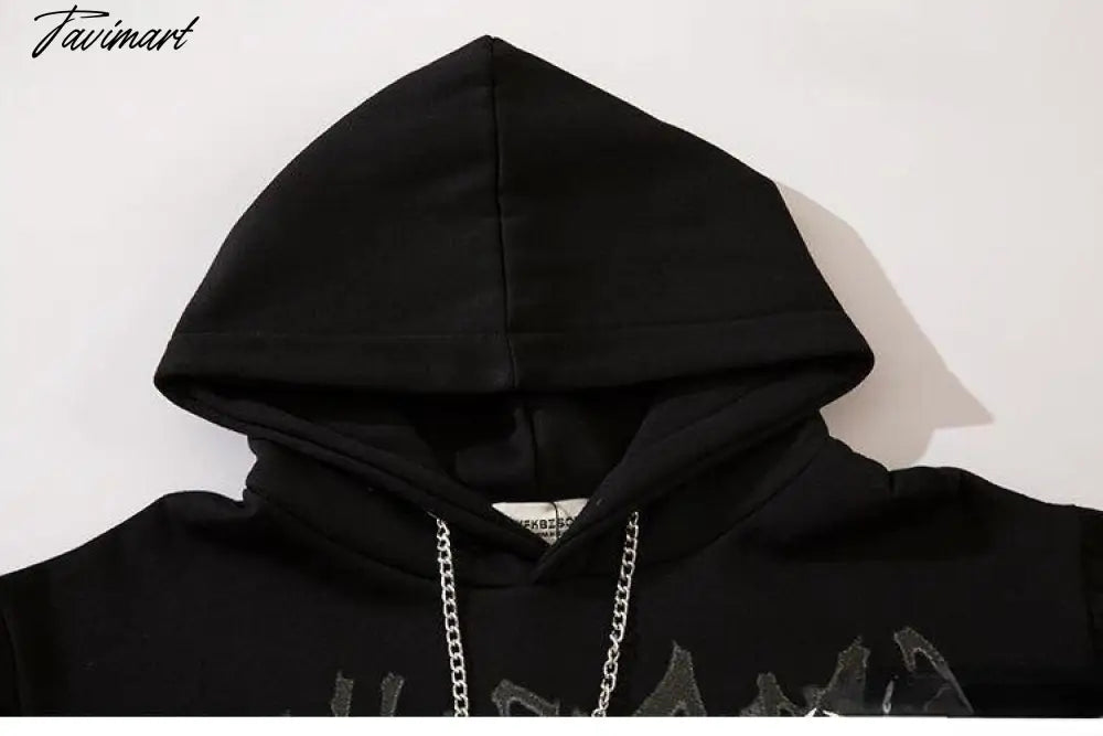 Gothic Angel Print Oversize Chain Hoddie Women Punk Streetwear Harajuku Hip Hop Sweatshirt Female Mall Goth Balck Tops