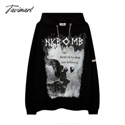 Gothic Angel Print Oversize Chain Hoddie Women Punk Streetwear Harajuku Hip Hop Sweatshirt Female Mall Goth Balck Tops