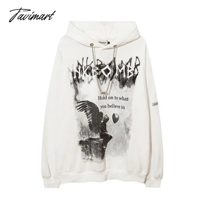 Gothic Angel Print Oversize Chain Hoddie Women Punk Streetwear Harajuku Hip Hop Sweatshirt Female Mall Goth Balck Tops
