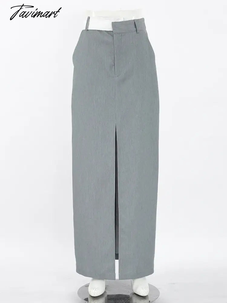 Gray Cotton Summer Skirt for Women Splice High-waist Straight Fit Pencil Skirt with Slit Elegant Office Women's Long Wrap Skirt