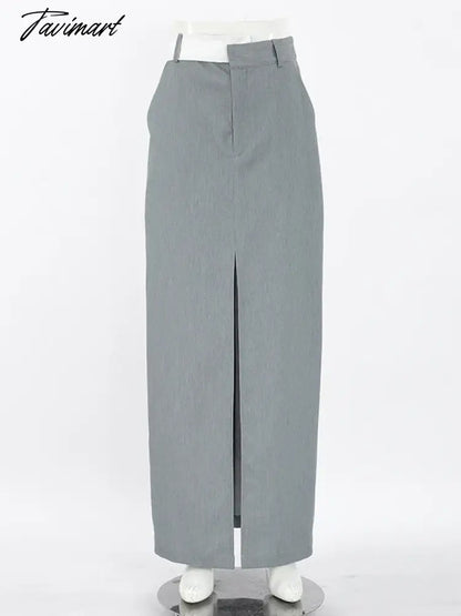 Gray Cotton Summer Skirt for Women Splice High-waist Straight Fit Pencil Skirt with Slit Elegant Office Women's Long Wrap Skirt