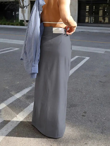 Gray Cotton Summer Skirt for Women Splice High-waist Straight Fit Pencil Skirt with Slit Elegant Office Women's Long Wrap Skirt