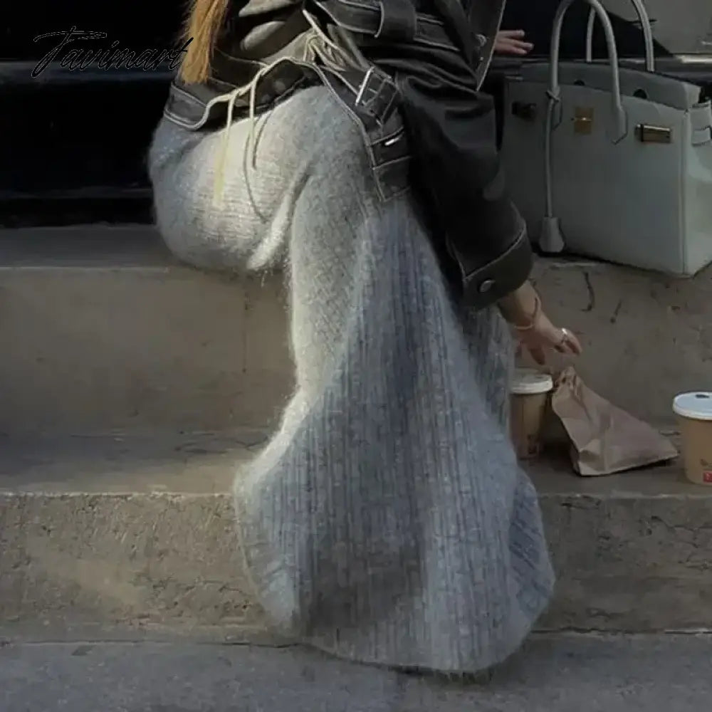 Grey Knitted Long Skirt Women Vintage Streetwear Lowa Waist Sexy Bodycon Elegant Maxi Tight Skirt Autumn Winter Y2k