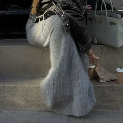 Grey Knitted Long Skirt Women Vintage Streetwear Lowa Waist Sexy Bodycon Elegant Maxi Tight Skirt Autumn Winter Y2k