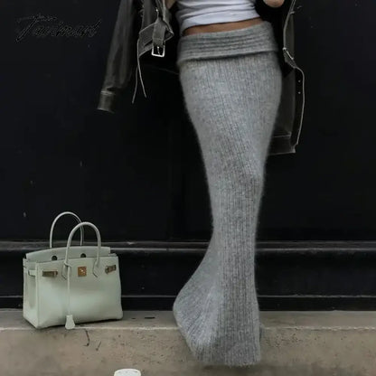 Grey Knitted Long Skirt Women Vintage Streetwear Lowa Waist Sexy Bodycon Elegant Maxi Tight Skirt Autumn Winter Y2k