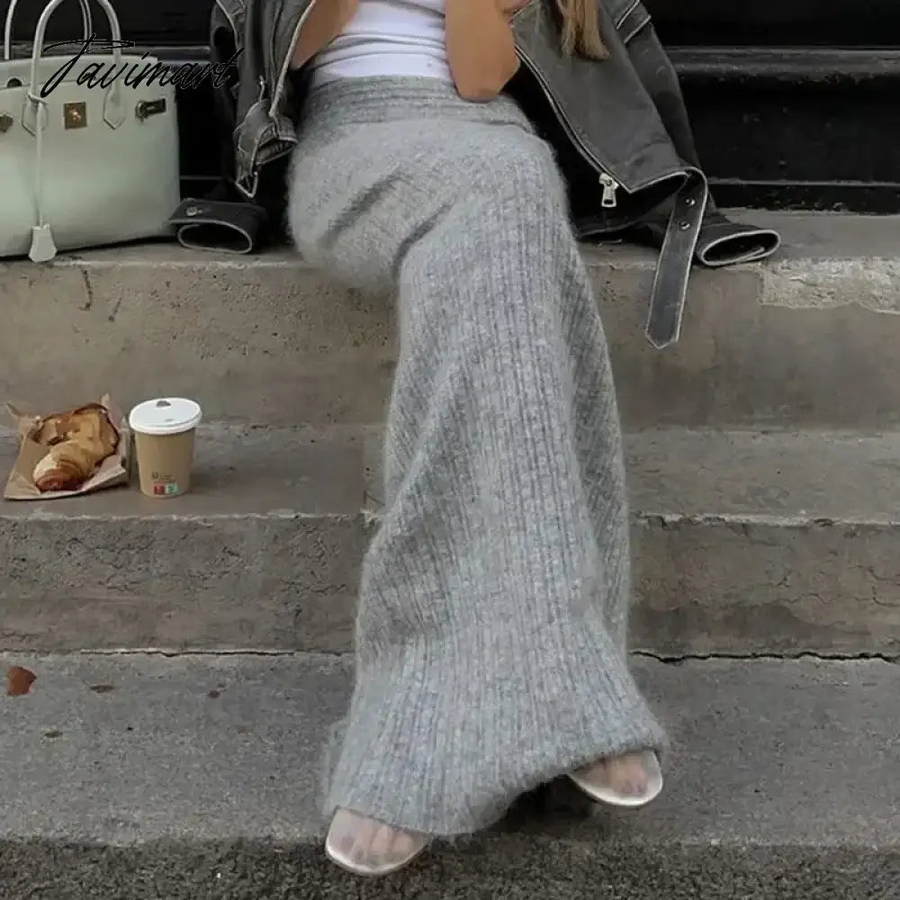 Grey Knitted Long Skirt Women Vintage Streetwear Lowa Waist Sexy Bodycon Elegant Maxi Tight Skirt Autumn Winter Y2k