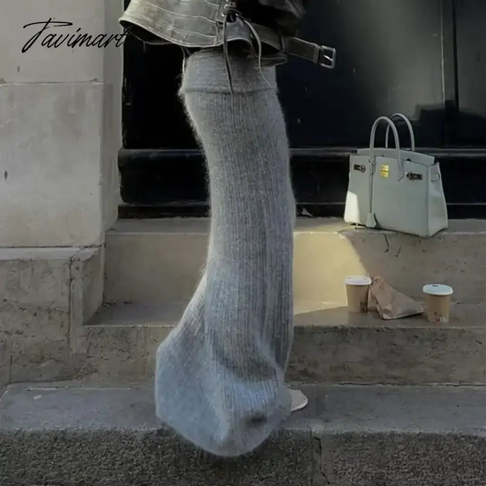 Grey Knitted Long Skirt Women Vintage Streetwear Lowa Waist Sexy Bodycon Elegant Maxi Tight Skirt Autumn Winter Y2k