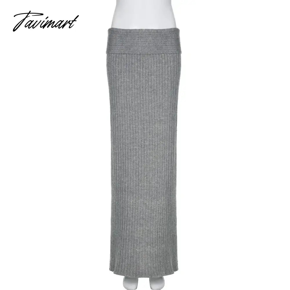 Grey Knitted Long Skirt Women Vintage Streetwear Lowa Waist Sexy Bodycon Elegant Maxi Tight Skirt Autumn Winter Y2k