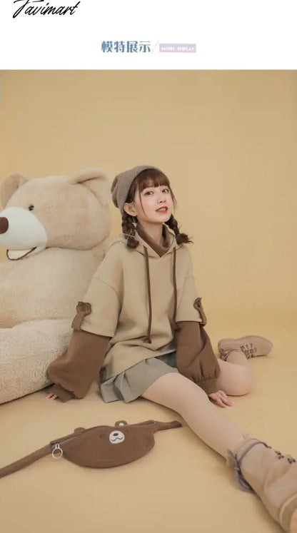 Harajuku Aesthetic Bear Anime Hoodie Women Korean Kawaii Crewneck Long Sleeve Oversized Streetwear Kpop Fall Winter Clothes Tops